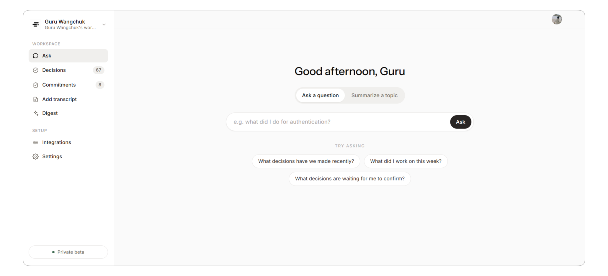 Scriven Labs dashboard — Ask your work anything, grounded in your PRs, issues, and decisions